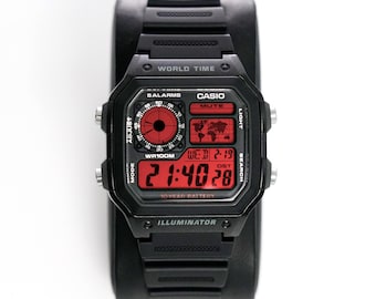 Custom “CRIMSON” Modified Watch Based on Casio Royale ae1200, New in Box, Digital Modified Watch, Gift for Him, by Nocturnal Time