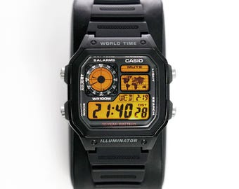 Custom “HAZARD” Modified Watch Based on Casio ae1200, New in Box, Digital Modified Watch, Gift for Him, by Nocturnal Time
