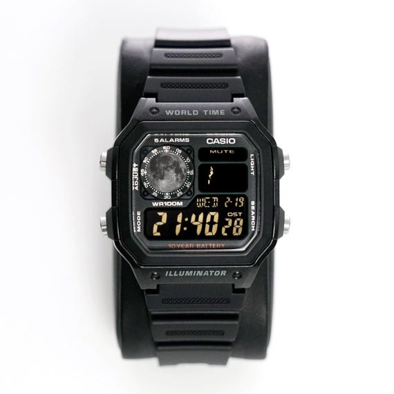 時計 Casio AE1200Custom ALL BLACK Custom “APOLLO” Moon Watch, Modified Watch Based on Casio Ae1200
