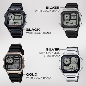 May include: Four digital watches in black, silver, and gold. The watches have black bands or stainless steel bands. Each watch displays the time and has the text "WORLD TIME", "CASIO", and "ILLUMINATOR".