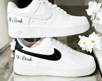 Personalized Wedding Sneakers, Pearl Crystal Bejeweled Airforce Shoes