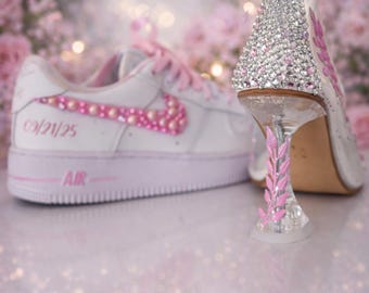 Sweet 15 Personalized Combo Set, Princess Sneakers with Cinderella High Heels, Pearl Air Force Quinceanera Shoes, Cindirella Pumps