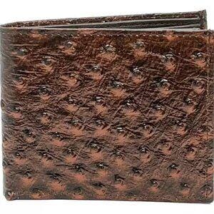 May include: A bi-fold wallet in a dark brown color featuring a textured surface with a repeating pattern of small, circular indentations. The wallet has a rectangular shape with stitched edges and a glossy finish across the exterior surface.