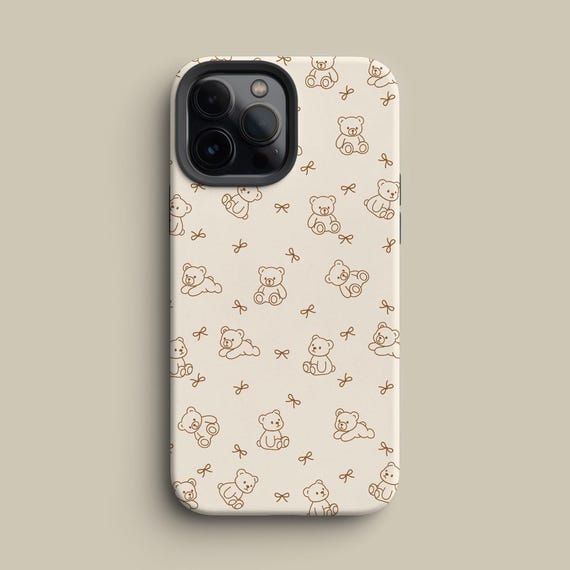 Teddy Bear Phone Case – Cute Pattern on Beige for iPhone 17 16 15 14 13 12 11 Pro Max, Galaxy S26 S25 S24 S23 S22 Ultra, Pixel 7 8 9 Pro