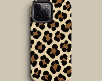 May include: A smartphone case with a leopard print design. The case features a pattern of black and brown spots on a tan background. The phone case has a camera module with three lenses.