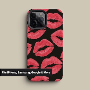 Red Lips Phone Case – Glossy Kiss Pattern on Black for iPhone, Samsung Galaxy, Google Pixel