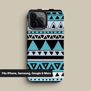 Aztec Geometric Phone Case for iPhone 16 15 14 Pro Max, S25 S24, Pixel 8 Turquoise & Black Pattern, Boho Southwest Cover