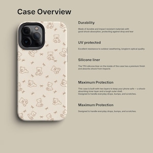 May include: A phone case with a repeating pattern of brown teddy bears and bows on a cream background. The case is shown with the text "Case Overview" and details about durability, UV protection, and silicone liner.