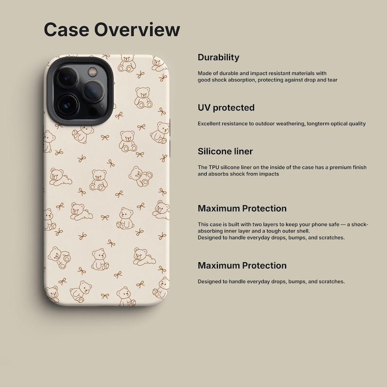 May include: A phone case with a repeating pattern of brown teddy bears and bows on a cream background. The case is shown with the text "Case Overview" and details about durability, UV protection, and silicone liner.