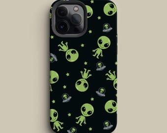 Alien Handyhülle in Schwarz mit UFO und Sterne Muster, für iPhone, Galaxy & Pixel