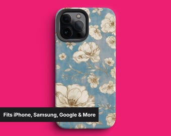 Floral Phone Case – Vintage Blue Botanical Pattern for iPhone, Galaxy & Pixel