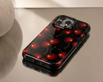 Cover per telefono con motivo ciliegie rosse su sfondo nero per iPhone 17 16 15 14 13 12 11 Pro Max, Galaxy S26 S25 S24 S23 S22 Ultra, Pixel 7 8 9 Pro