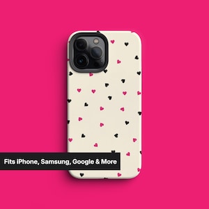 Pink Black Heart Phone Case Minimal Cover for iPhone 16 15 14 Pro Max, S25 S24, Pixel 9 Cute Romantic Design Gift