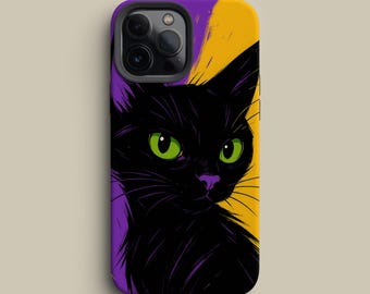 Custodia per telefono Black Cat – Gatto neon su viola e giallo per iPhone, Galaxy e Pixel