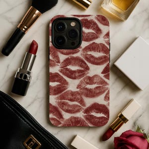 Red Lips Phone Case, Lipstick Kiss Mark Lip Print, for iPhone 16 15 14, Samsung Galaxy S25 S24, Google Pixel 8 9