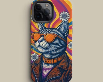 Cat Handyhülle – Katzen Illustration mit Sonnenbrille auf psychedelischem Hintergrund für iPhone, Galaxy & Pixel