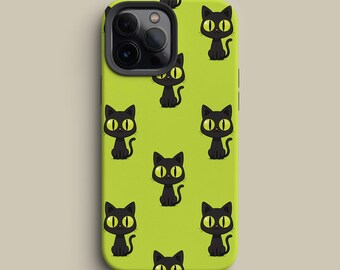 Custodia per telefono a forma di gatto – Gatti neri kawaii su sfondo verde per iPhone, Galaxy e Pixel