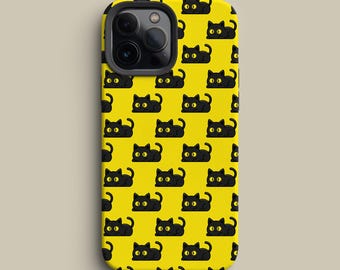 Custodia per telefono a forma di gatto – Motivo gattino nero su giallo per iPhone, Galaxy e Pixel