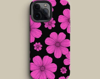 Flower Phone Case - Pink Blossoms on Black for iPhone, Galaxy & Pixel