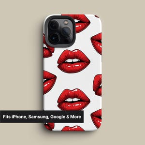 Sensual Red Lips Phone Case for iPhone 16 15 14 Pro Max, S25 S24, Pixel 8 Chic Lip Print Cover White