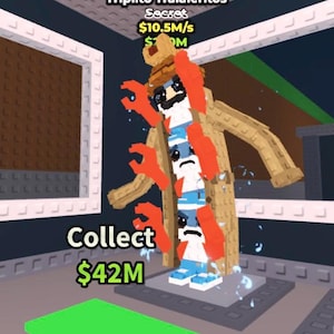 Puede incluir: Ilustración digital de un personaje llamado "Triplito Tralaleritos" con un abrigo marrón, garras rojas y una pila de figuras azules y blancas. La imagen incluye el texto "Collect $42M" y "$10.5M/s".