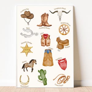 Impresión de palabras clave de vaquero del oeste, póster digital, póster para educación en casa, pared de sala de juegos, pared de guardería, descarga digital, TEFL, póster infantil