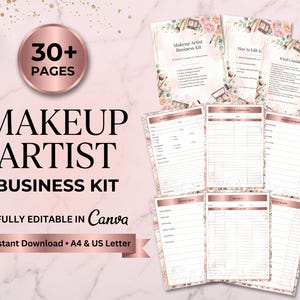 May include: A Makeup Artist Business Kit with 30+ pages, fully editable in Canva. The set includes various business forms and templates featuring rose gold accents, floral illustrations, and text on a marble background.