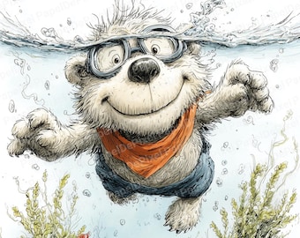 Puede incluir: Ilustración caprichosa de un oso nadando bajo el agua. El oso lleva gafas, un pañuelo rojo y pantalones cortos azules. Burbujas y plantas acuáticas rodean al oso, creando una escena alegre y juguetona.