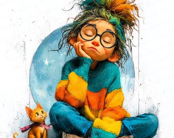 12 imágenes prediseñadas de chicas peculiares: linda mascota, imágenes prediseñadas de gatos caprichosos, imágenes JPEG de cumpleaños decorativas, manualidades de papel, descarga instantánea, uso comercial