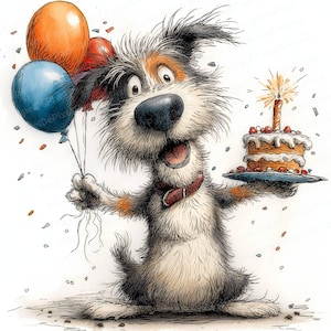 a funny dog holding a birthday cake with some balloons