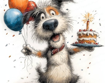Puede incluir: Un perro de dibujos animados con expresión de sorpresa sostiene globos de colores y un pastel de cumpleaños con una vela encendida. El perro tiene un collar rojo y está rodeado de confeti.