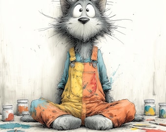 Puede incluir: Ilustración caprichosa de un gato gris artista con un mono naranja y amarillo y una camisa azul. El gato está sentado con las piernas cruzadas con botes de pintura, pinceles y una paleta cerca. El mono está salpicado de pintura.