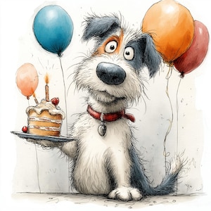 a quirky dog holding a birthday cake with some balloons