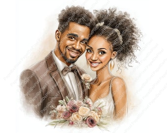 Op de afbeelding: Waterverfillustratie van een lachend stel op hun trouwdag. De man draagt een bruin pak met een vlinderdas en de vrouw draagt een witte jurk en houdt een boeket bloemen vast. Het kunstwerk is gesigneerd "Papel De Pixel".