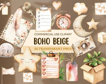 Boho Beige Watercolor Planner Clipart Bundle: Journal & Scrapbook PNG Set