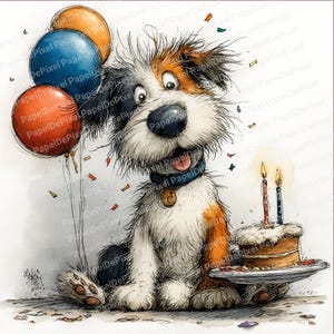 Puede incluir: Ilustraci&oacute;n en acuarela de un perro sorprendido con un pastel de cumplea&ntilde;os y globos. El perro tiene pelo blanco, marr&oacute;n y negro, y lleva un collar azul. El pastel tiene dos velas encendidas y hay confeti esparcido.