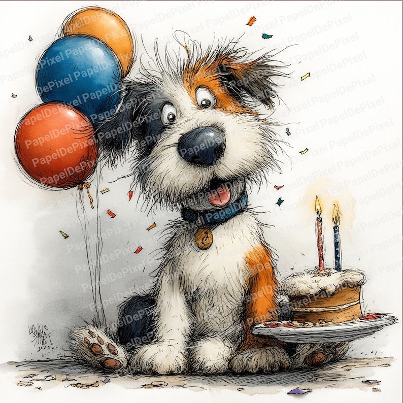 Puede incluir: Ilustraci&oacute;n en acuarela de un perro sorprendido con un pastel de cumplea&ntilde;os y globos. El perro tiene pelo blanco, marr&oacute;n y negro, y lleva un collar azul. El pastel tiene dos velas encendidas y hay confeti esparcido.
