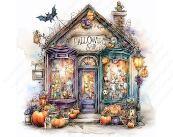 Quirky Halloween Shop Clipart Bundle, Watercolor Spooky Halloween Clipart, Junk Journaling, Scrapbooking, Card Making, Digital Art, Fantasy