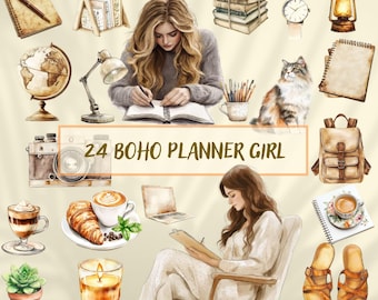 Op de afbeelding: Waterverfillustratie met een bohemian thema. De afbeelding bevat een schrijvende vrouw, een kat, koffie, een camera, een wereldbol, een rugzak, een kaars en de tekst "24 BOHO PLANNER GIRL".