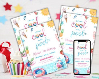 Può includere: Inviti per una festa di compleanno a tema piscina. Il design presenta il testo "Let's get cool by the pool" con illustrazioni di gelati, anguria e un sole sorridente. Gli inviti includono il nome, la data, l'ora e il luogo del compleanno.