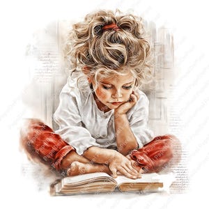 Può includere: Stampa artistica digitale di una bambina con capelli biondi ricci, che indossa una camicia bianca e pantaloni rossi, intenta a leggere un libro. L'immagine ha un effetto morbido, simile all'acquerello, con testo sullo sfondo.