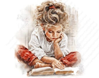 Child Reading Book Clipart, Book reading clipart Bundle, Book lovers, Junk journal girl, kids clipart, Paper craft, Digital Download