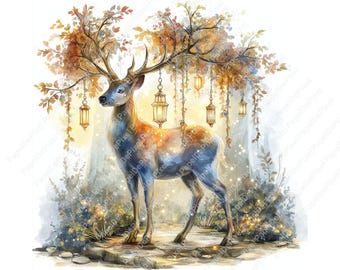 Op de afbeelding: Waterverfschilderij van een majestueus hert met een groot gewei, in een bosrijke omgeving. Het hert heeft blauwe en oranje tinten, met hangende lantaarns en herfstbladeren. Het kunstwerk heeft een dromerige, etherische kwaliteit.