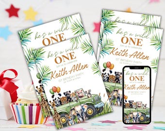 Wild One Safari Birthday Invitation Bundle: Jungle Animals (Canva Template Digital Download)