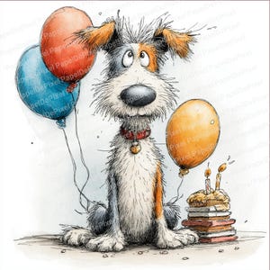 quirky dog next to a cake on top of books, surrounded by birthday balloons