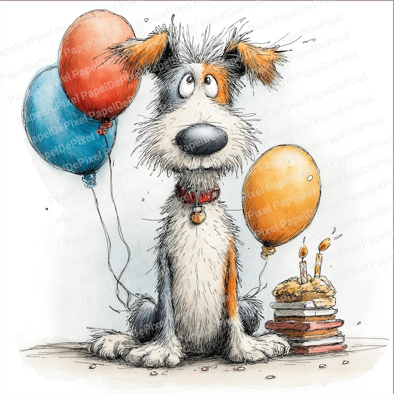 quirky dog next to a cake on top of books, surrounded by birthday balloons