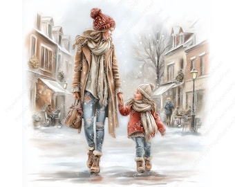 Op de afbeelding: Waterverfillustratie van een moeder en kind die hand in hand door een besneeuwde straat lopen. De moeder draagt een bruine jas, een spijkerbroek met scheuren en een rode gebreide muts. Het kind draagt een rode jas en een witte gebreide muts. Op de achtergrond zijn gebouwen en straatlantaarns te zien.