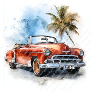 May include: Watercolor illustration of a classic orange convertible car with a palm tree in the background. The car has chrome accents and a license plate that reads B038 170. The artwork has a vintage feel.
