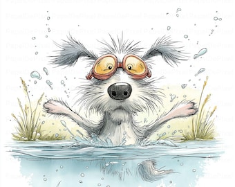 Puede incluir: Ilustración caprichosa de un perro nadando en el agua, con gafas naranjas. El perro es blanco y gris con los brazos extendidos, creando salpicaduras. El fondo incluye agua, hierba y burbujas.
