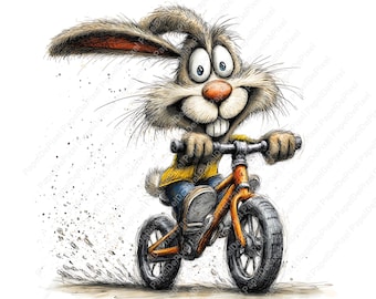 Op de afbeelding: Een cartoon illustratie van een konijn op een oranje fiets. Het konijn heeft een groot, expressief gezicht met grote ogen en een brede grijns. De fiets heeft zwarte banden en maakt stof.